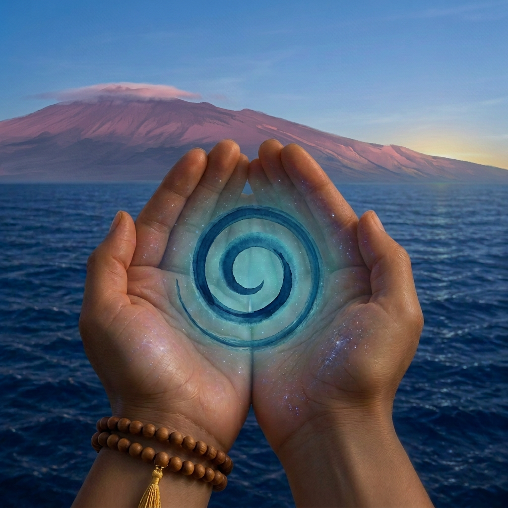 Two cupped hands, palms up, holding a small deep ocean blue spiral of healing energy with soft turquoise mist behind it, sandalwood beads and a gold tassel on the wrist, the Kohala mountain range rising above a deep blue ocean at early sunset
