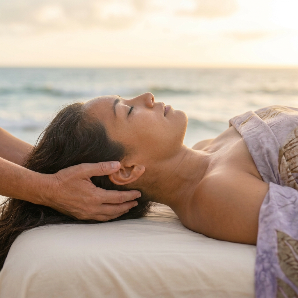 A therapist's hands cradling the base of a client's skull, with a soft Hawaiian sunset over the ocean behind