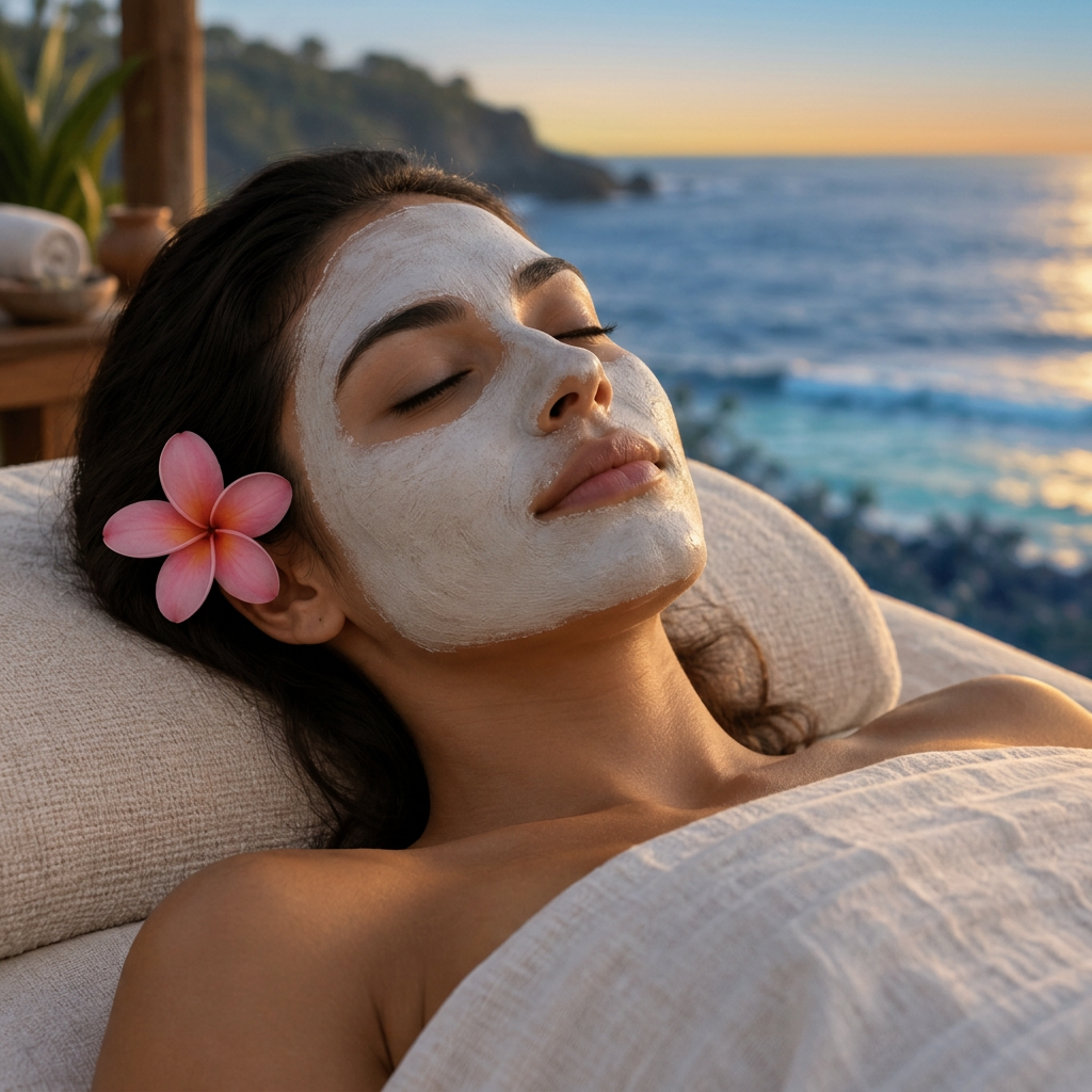 A young olive-toned woman wearing a smooth white clay mask with a pink plumeria tucked in her hair, warm sunset light behind