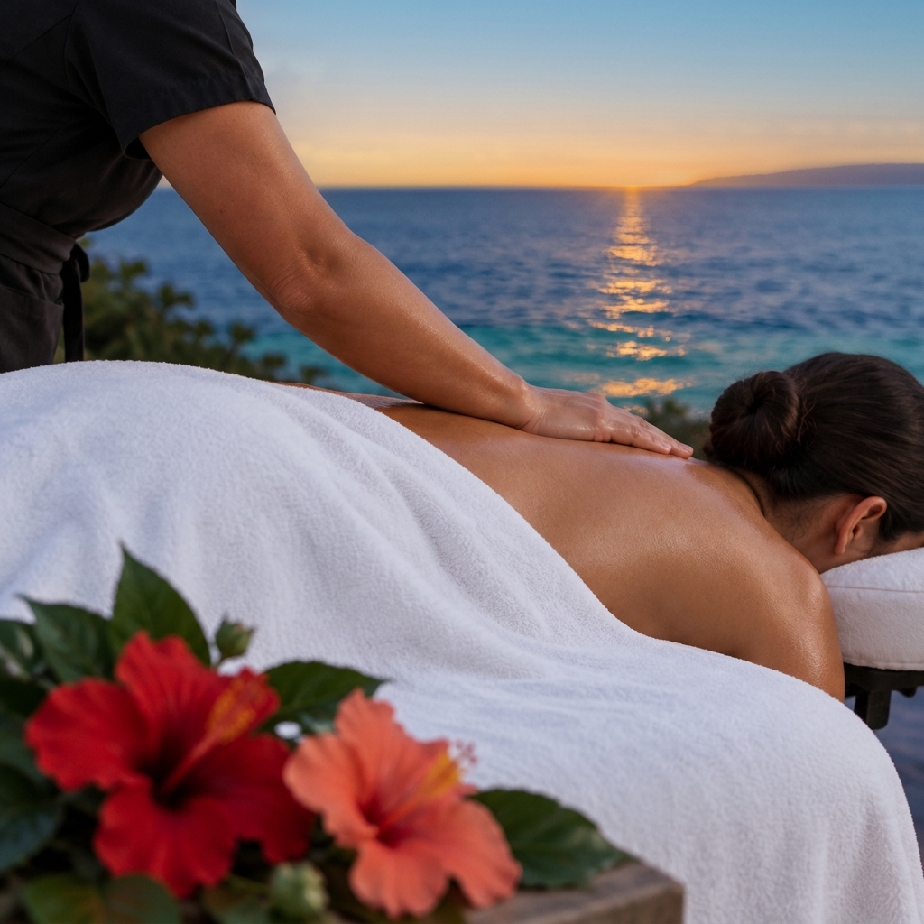 A therapist's forearm gliding in one long stroke along a draped client's back, hibiscus blossoms beside a sunset ocean