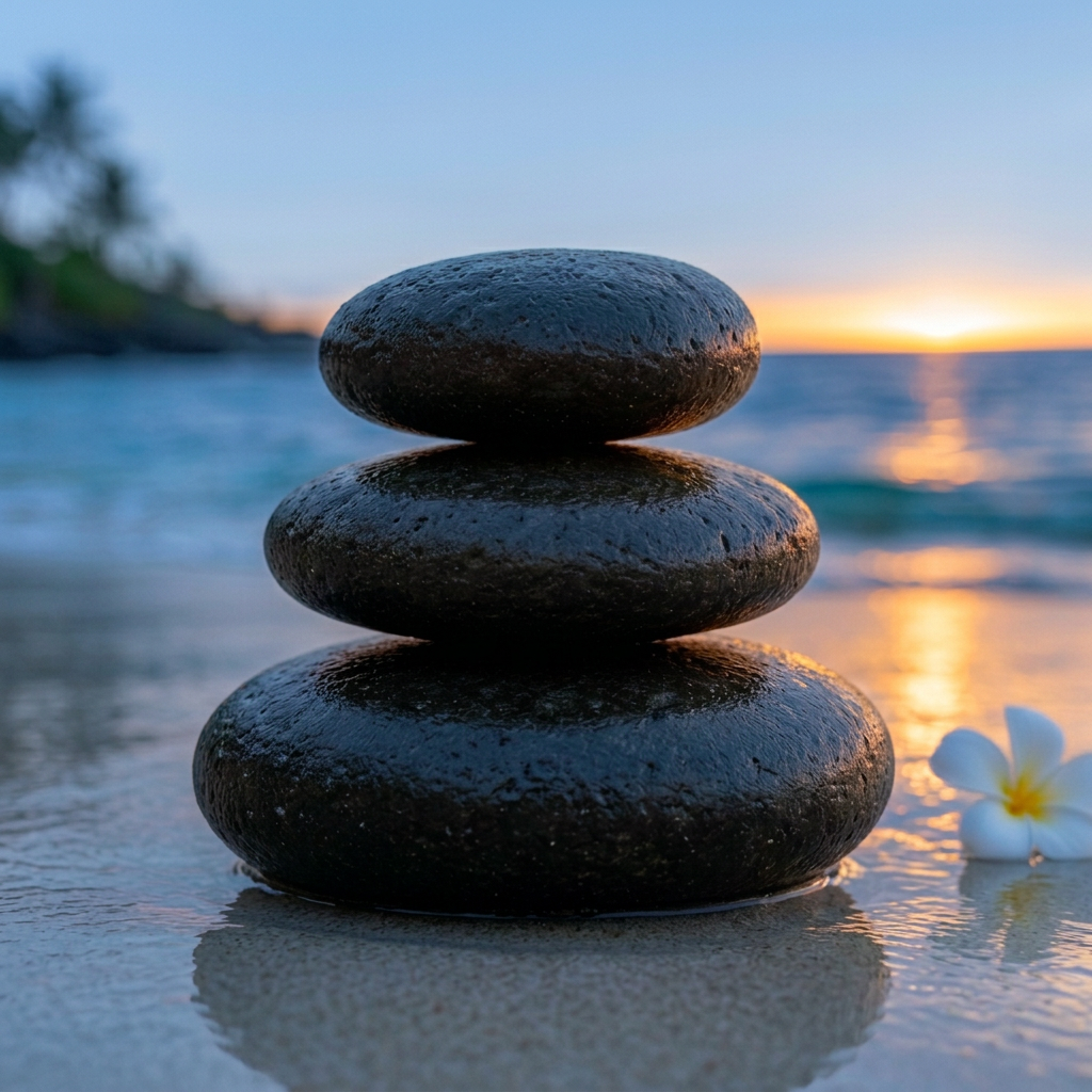 Warm black basalt massage stones stacked on pale wet sand with white plumeria blossoms, a pink-and-gold twilight sunset over the ocean behind