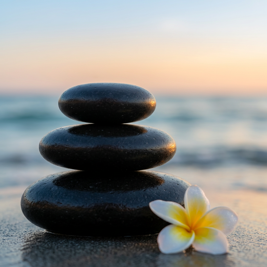 Three smooth black basalt massage stones stacked on pale wet sand with a single white plumeria blossom, soft peach-and-blue sunset over a calm ocean behind