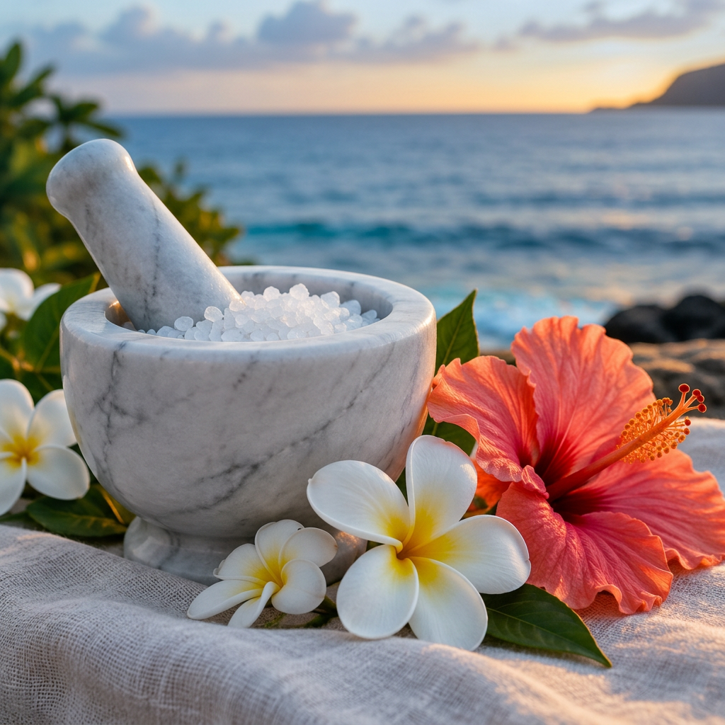 White marble mortar and pestle filled with coarse Hawaiian sea salt, surrounded by plumeria and a coral hibiscus, warm sunset ocean behind