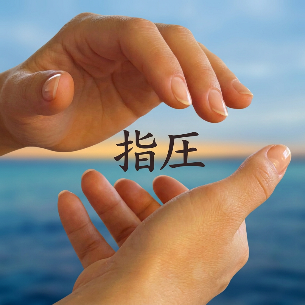 Two gentle hands cupped around the shiatsu kanji over a sunset ocean